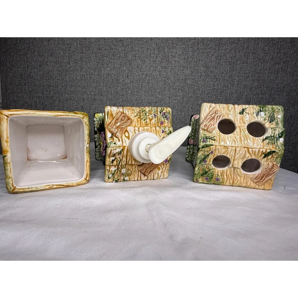Vintage 80s 90s‎ Ceramic Floral Cottage Bathroom Set Soap Dispenser Toothbrush